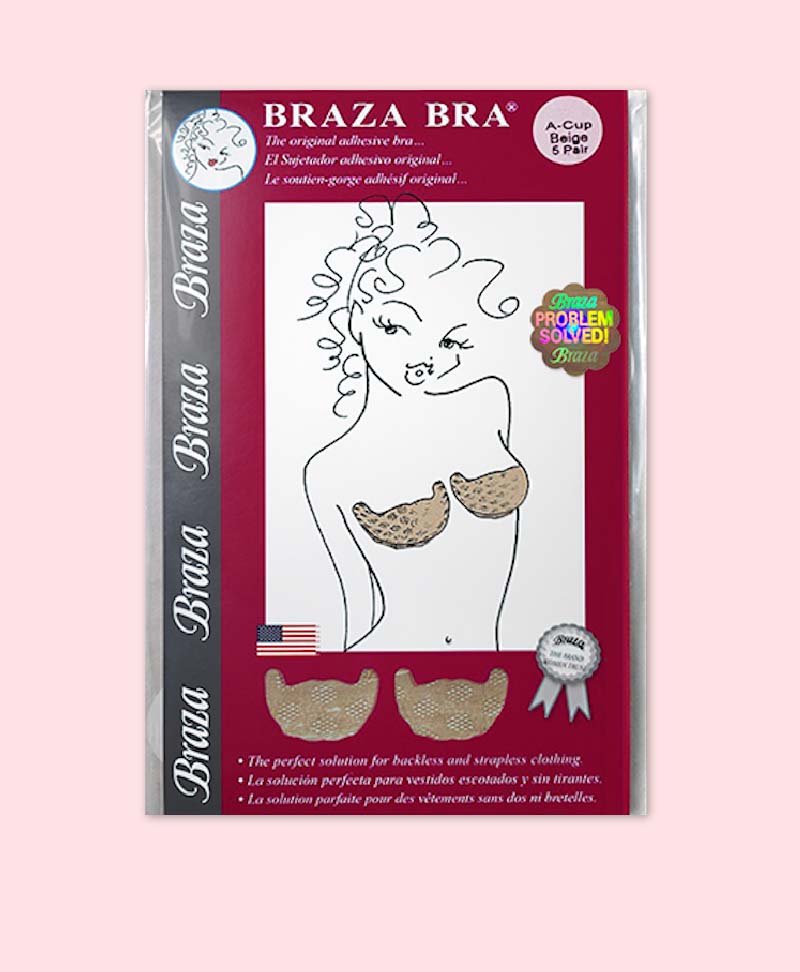 Adhesive bra packaging shown on a pink background