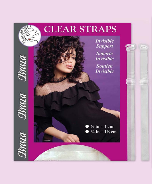 Clear straps in front of packaging on a pink background