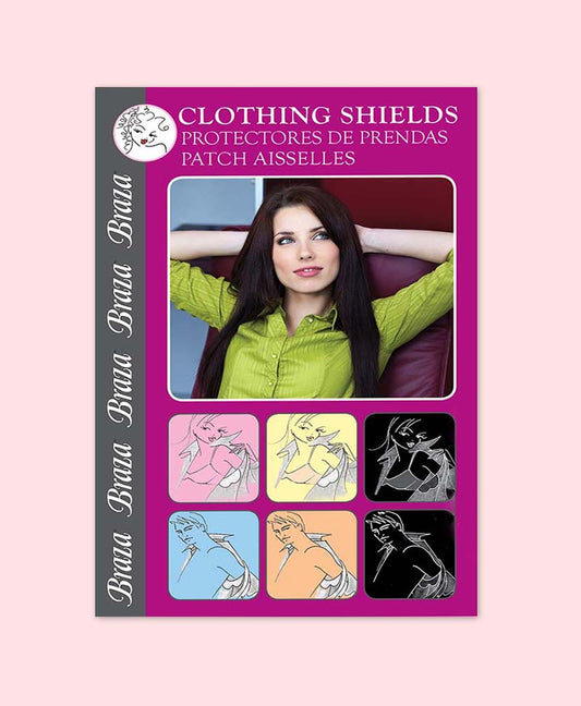 Packaging of clothing shields with women in green top. 