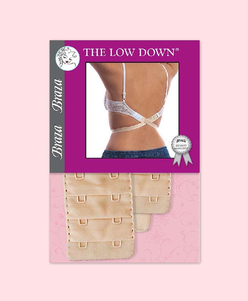 Packaging of Low down strap shown on pink background